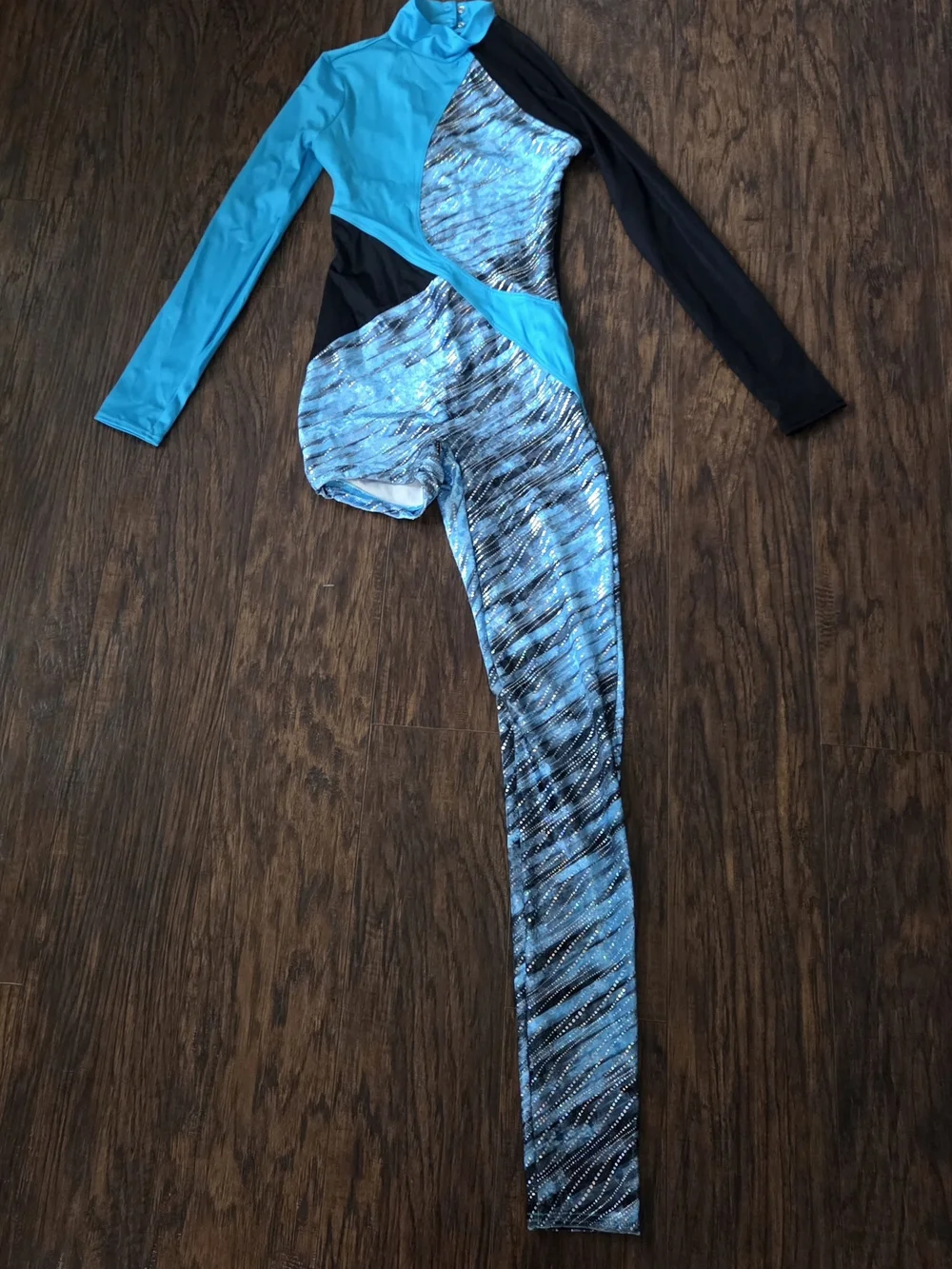 Weissman Dance Csotume- Teal and Black Patterned Dance Unitard